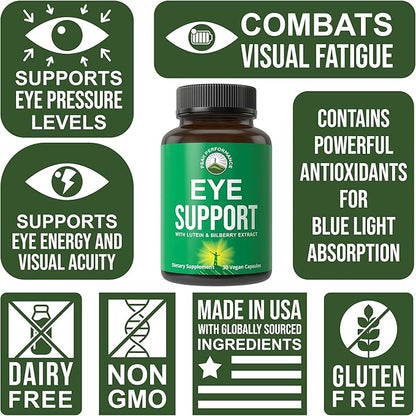 Peak Performance Eye Vitamins - Eye Support Supplement for Computer Users with Lutein, Zeaxanthin, Astaxanthin, Carotenoids, and Bilberry Extract. Support for Eyes. 30 Vegan Capsules