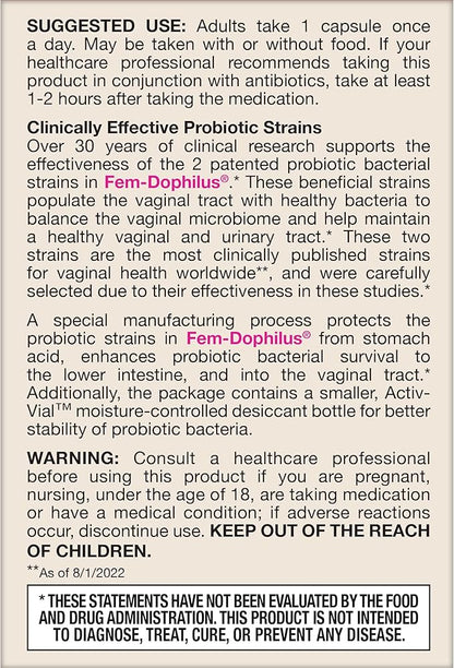 Jarrow Formulas Fem-Dophilus Probiotics 1 Billion CFU With 2 Science-Backed Strains, Dietary Supplement for Vaginal and Urinary Tract Support, 30 Veggie Capsules, Up to a 30 Day Supply, Shelf-Stable