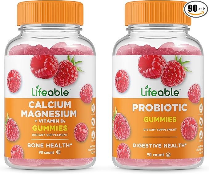 Lifeable Probiotic 2 Billion CFU + Calcium Magnesium, Gummies Bundle - Great Tasting, Vitamin Supplement, Gluten Free, GMO Free, Chewable Gummy