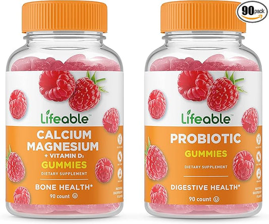 Lifeable Probiotic 2 Billion CFU + Calcium Magnesium, Gummies Bundle - Great Tasting, Vitamin Supplement, Gluten Free, GMO Free, Chewable Gummy