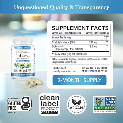 DIM Supplement 200 mg | Estrogen Balance for Women & Men | Hormonal Acne, Hormone Balance, Menopause & Antioxidant Support | Clean Label Project Certified, Vegan & Soy Free Diindolylmethane | 60 Ct.