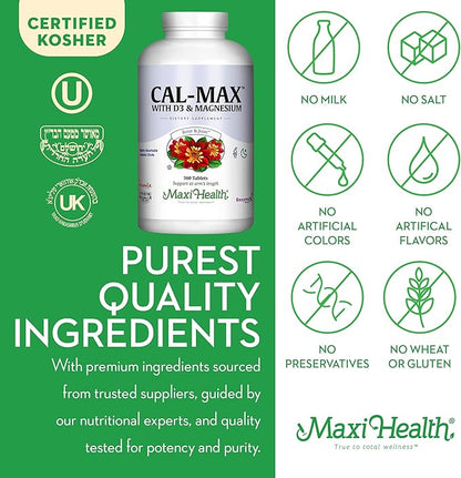 Maxi Health Calcium Magnesium Supplement with Vitamin D3 and Boron - Kosher Bone Health & Nighttime Formula, Calcium Citrate CalMag & Vitamin D (360 Tablets)