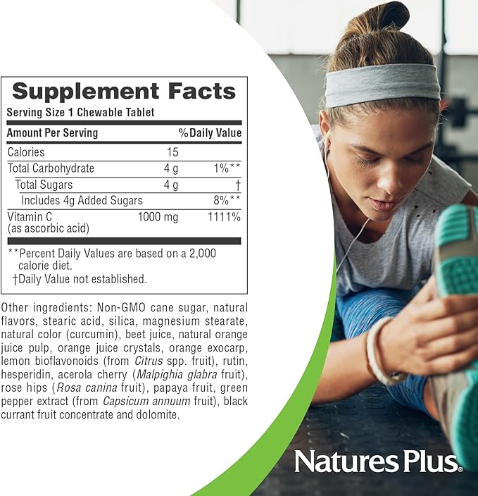 NaturesPlus Orange Juice - 60 Chewable Tablets - 1000mg Vitamin C - High-Potency Immune Support Supplement, Antioxidant - Vegan, Gluten Free - 60 Servings