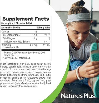 NaturesPlus Orange Juice - 60 Chewable Tablets - 1000mg Vitamin C - High-Potency Immune Support Supplement, Antioxidant - Vegan, Gluten Free - 60 Servings