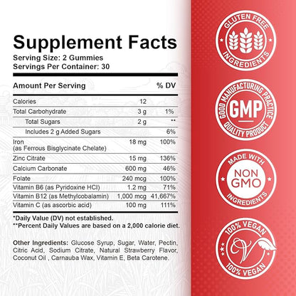 Iron Gummies - with Calcium, Zinc, Folate & Vitamin B12, C,B6 for Adults & Kids - Blood Builder & Energy Support for Iron Deficiency, Anemia, Vegan - 60 Gummies