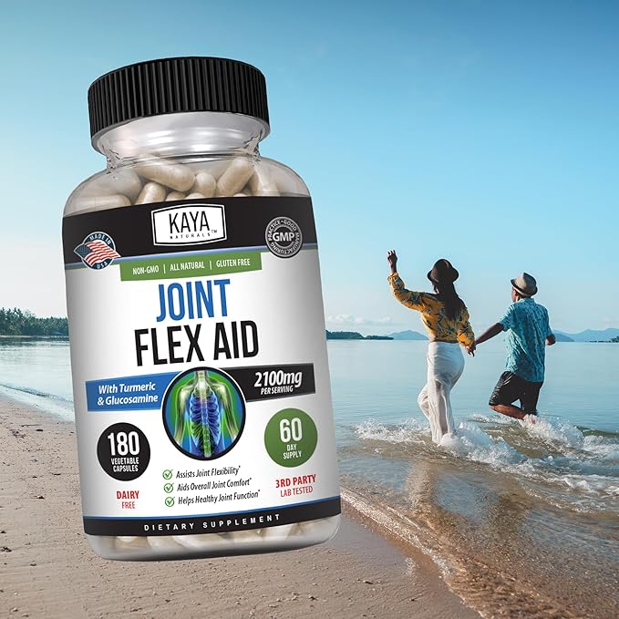 Kaya Naturals Flex Aid - Mobility Support Supplement for Men and Women - Turmeric Capsules with Glucosamine Sulfate, Boswellia Serrata and MSM - for Knee Support and Mobility Health - 180 Count