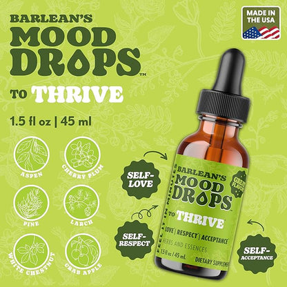 Barlean's Mood Booster Supplement, Thrive Liquid Drops Supplements, Ashawagandha, L Theanine, and Lion's Mane Extract, Adaptogen Herbs Drops, 1.5 oz