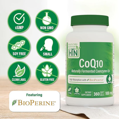 Health Thru Nutrition CoQ-10 100mg with BioPerine 360 Softgels | High Absorption Naturally Fermented USP Grade Coenzyme Q10 Supplement | 3rd Party Tested | Heart Health and Energy Support