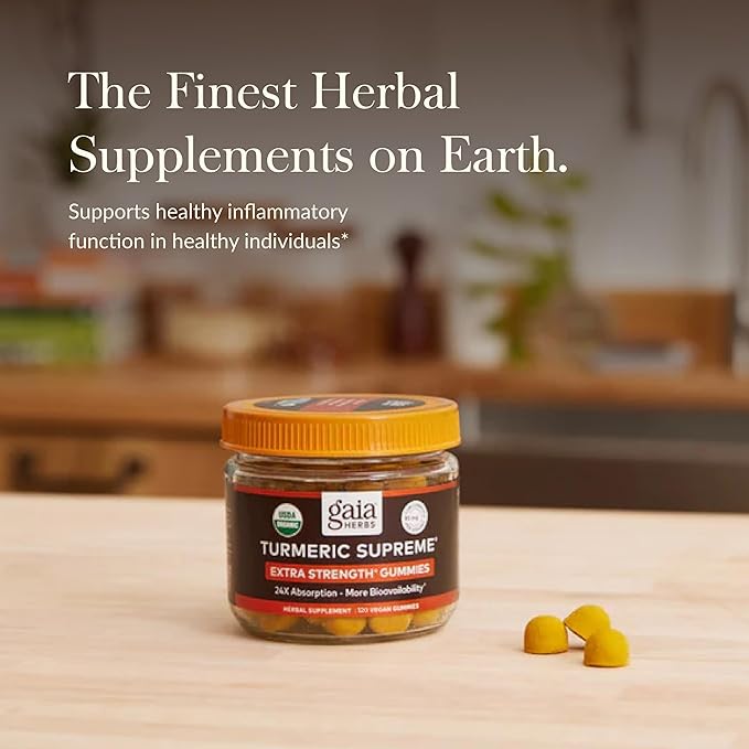Gaia Herbs Turmeric Supreme Extra Strength Gummies - Supports Swelling Relief to Help Maintain an Active Lifestyle - Lemon Ginger Flavor - 120 Vegan Organic Gummies (40-Day Supply)