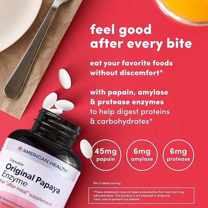 American Health Original Papaya Enzyme Chewable Tablets - Promotes Nutrient Absorption and Helps Digestion - Gluten-Free, Vegetarian - 100 Count, 33 Total Servings