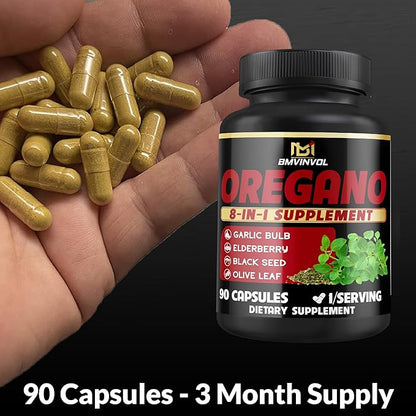 BMVINVOL Oregano Supplement | Black Seed, Garlic, Elderberry, Olive Leaf, Quercetin, Bromelain, Black Pepper - 8in1 Immune & Digestive Support 90 Capsules [3-Month Supply]