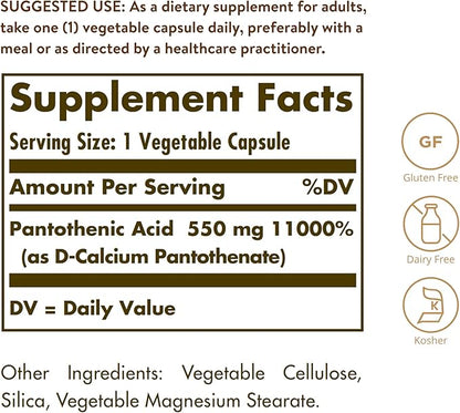 Solgar Pantothenic Acid 550 mg Vegetable Capsules Vitamin B5 Energy Metabolism Nervous System Support Gluten Free Dairy Free Kosher Servings, Standard Packaging, 100 Count
