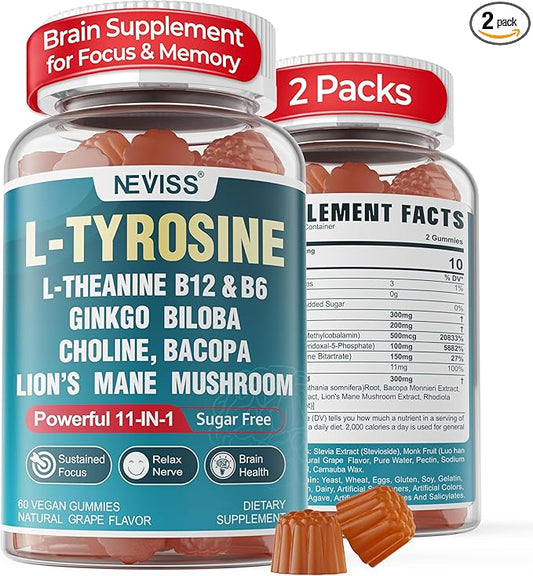 Sugar Free L-Tyrosine Focus Gummies L-Theanine Vitamin B12 & B6, Brain Herbs w/Lion's Mane Mushroom, Ginkgo Biloba, Bacopa Monnieri, Choline - Brain Supplements for Memoery, Nootropic, Energy, 2Packs
