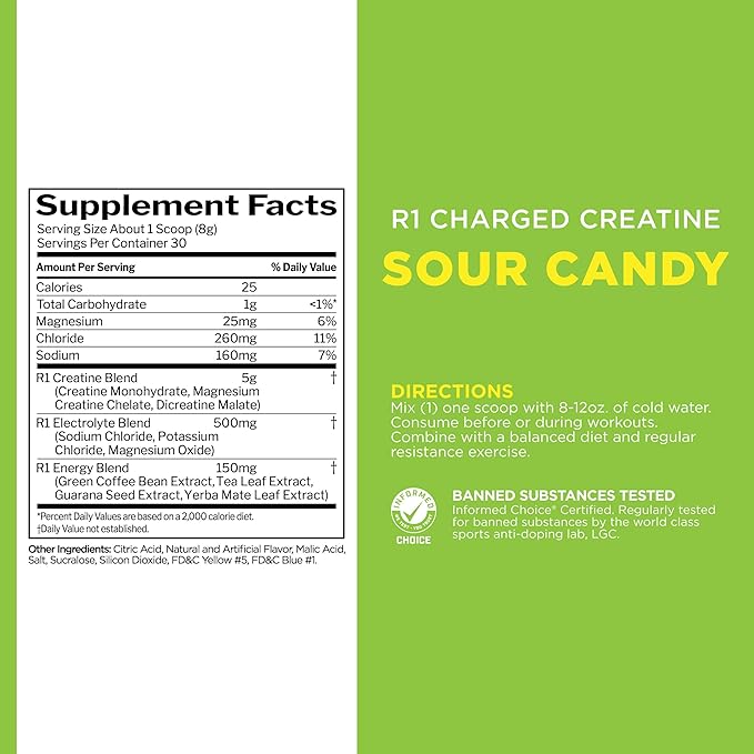 Rule 1 Charged Creatine - Multi-Function Workout Supplement with Creatine, Electrolyte, and Energy Blends for Intensity, Performance, & Hydration Support (30 Servings, Sour Candy)