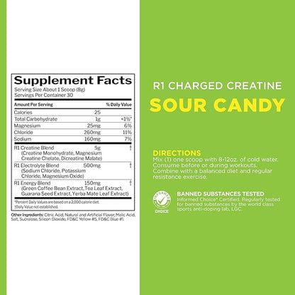 Rule 1 Charged Creatine - Multi-Function Workout Supplement with Creatine, Electrolyte, and Energy Blends for Intensity, Performance, & Hydration Support (30 Servings, Sour Candy)