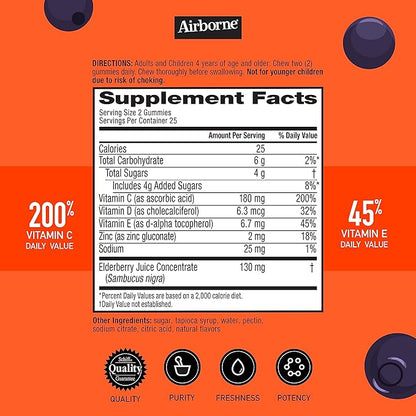 Airborne Kids Elderberry + Zinc & Vitamin C Gummies, Kids Immune Support with Powerful Antioxidants VIT D & E - 50 Gummies, Elderberry Flavor