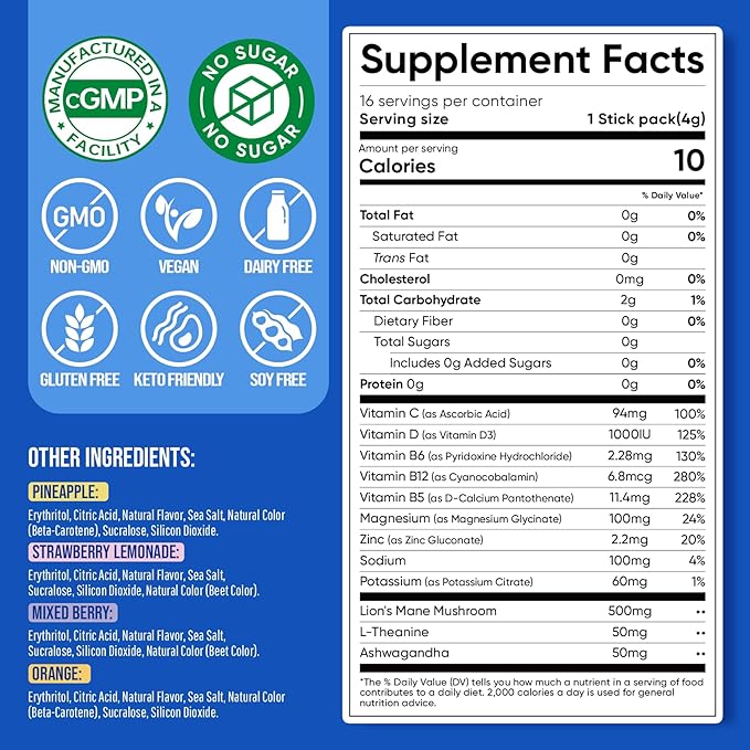 Venture Pal Magnesium Glycinate Powdered Drink Mix with Ashwagandha, Vitamin D, L-Theanine, Lions Mane, Sugar Free Magnesium Supplement Blend for Calm, Relax & Focus, Non GMO, Vegan, 16 Sticks
