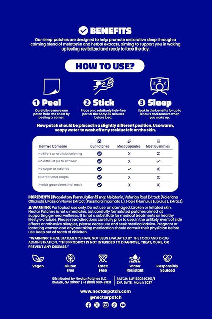 10x Sleep Patches with 6mg Melatonin, Valerian Root, Passion Flower & Hops | Extra Strength Formula for Deep, Restful Sleep | Easy-to-Apply, Long-Lasting & Comfortable