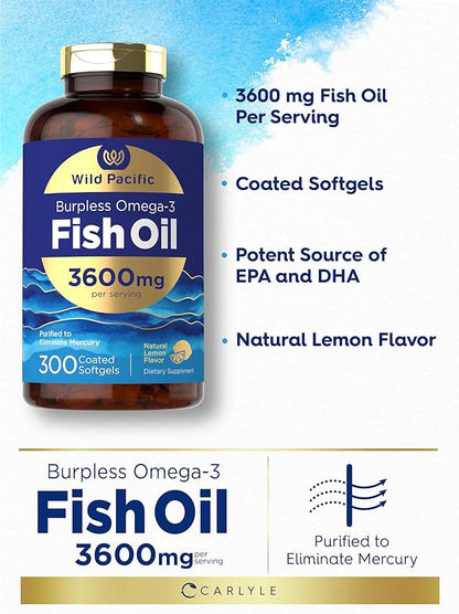 Carlyle Burpless Fish Oil 3600 mg | 300 Softgels | with Omega-3 Fatty Acids | Lemon Flavor | Non-GMO, Gluten Free Supplement | by Wild Pacific