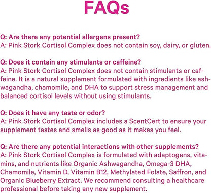 Pink Stork Cortisol Complex - Organic Ashwagandha, Omega 3 DHA, Saffron - Mood Balance, Stress Management, Energy Levels for Women - 60 Count