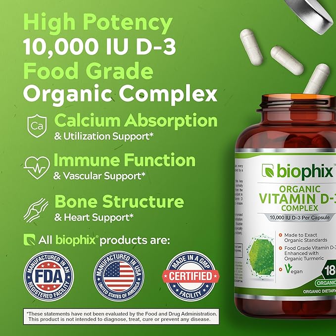 biophix Organic Vitamin D-3 Complex 10000 IU 180 Vcaps with Turmeric - High-Potency Supports Strong Bones Immune Health