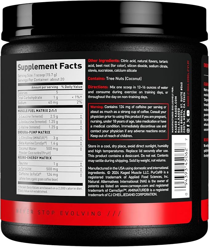 Kaged Intra-Workout Powder | in BCAAs, L-Citrulline & Beta-Alanine for Endurance | 124mg Organic PurCaf® Caffeine | Coconut Water Powder | 20 Servings | Cherry Limeade