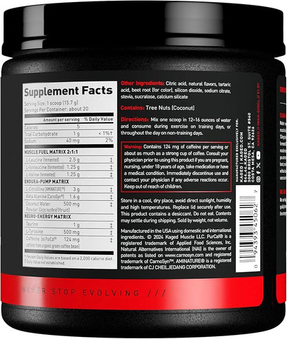 Kaged Intra-Workout Powder | in BCAAs, L-Citrulline & Beta-Alanine for Endurance | 124mg Organic PurCaf® Caffeine | Coconut Water Powder | 20 Servings | Cherry Limeade