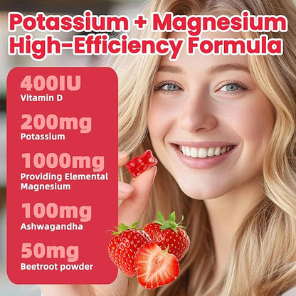 Potassium Magnesium Gummies,High Absorption Magnesium Glycinate,B6,D3,Potassium Citrate for Leg Cramps,Muscle,Electroyte for Adults Kids,Sugar-Free, 60 Gummies (Strawberry Flavor)