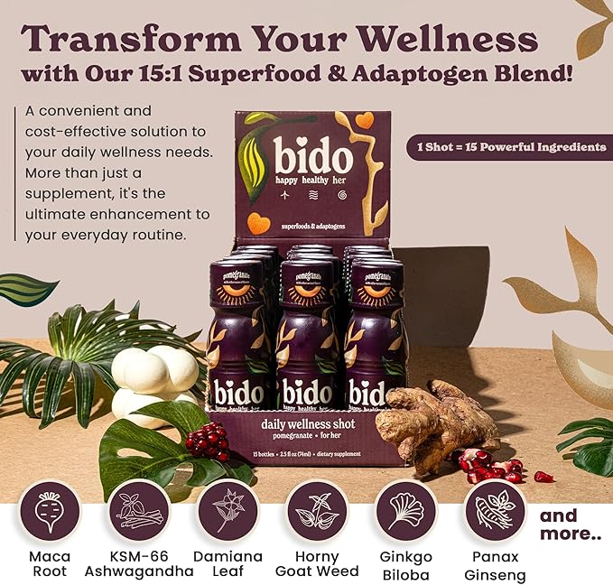 Bido | Women's Wellness Drink | Herbal Formula for Women: Ashwagandha KSM-66, Maca, Ginseng, Damiana & More | 15:1 Female Supplement for Mood, Vitality & Hormone Balance Support | Pomegranate, 15-pack
