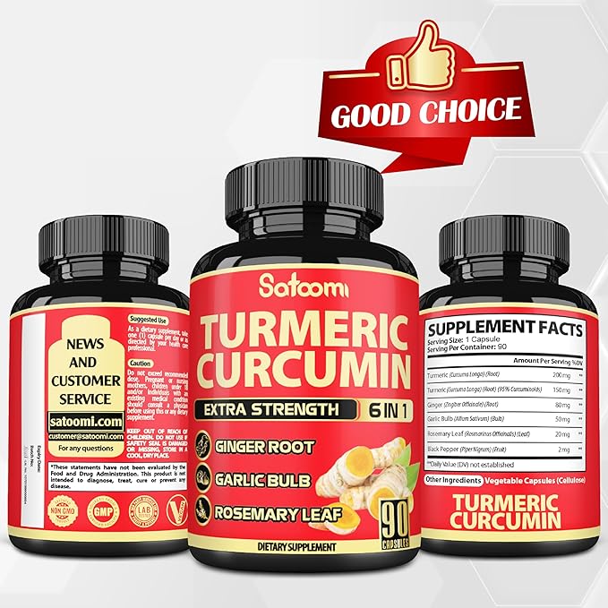 Satoomi 6in1 Turmeric Curcumin Supplement - 3 Month Supply - 95% Curcuminoids with Ginger Root, Garlic Bulb, Rosemary & Black Pepper - 90 Capsules