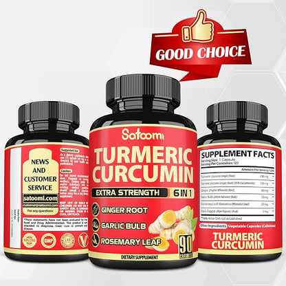 Satoomi 6in1 Turmeric Curcumin Supplement - 3 Month Supply - 95% Curcuminoids with Ginger Root, Garlic Bulb, Rosemary & Black Pepper - 90 Capsules