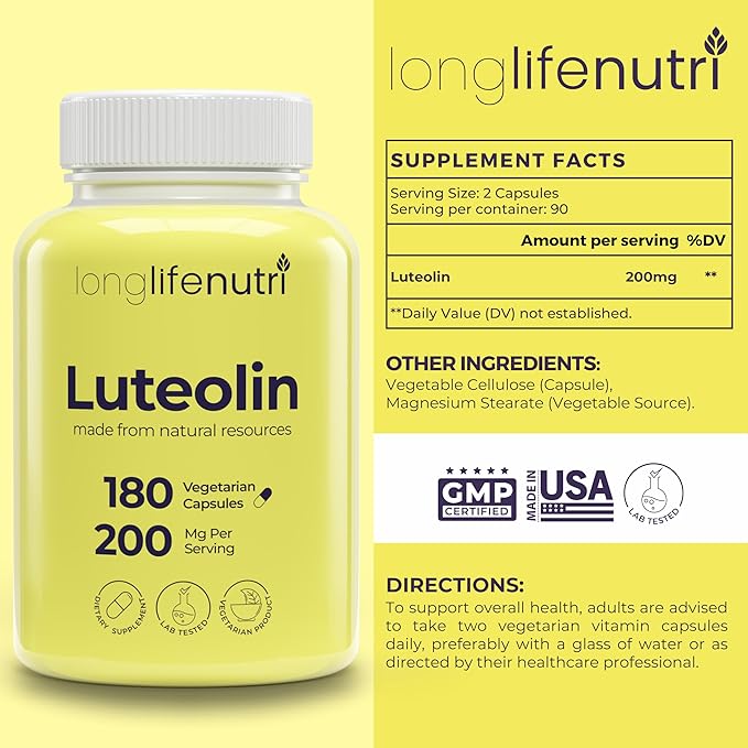 Luteolin Supplement 200mg - 180 Vegetarian Capsules, 3-Month Supply - Strengthen Cognitive Function & Overall Health - Lab Tested, Made in USA, 2 Serving Size