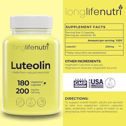 Luteolin Supplement 200mg - 180 Vegetarian Capsules, 3-Month Supply - Strengthen Cognitive Function & Overall Health - Lab Tested, Made in USA, 2 Serving Size