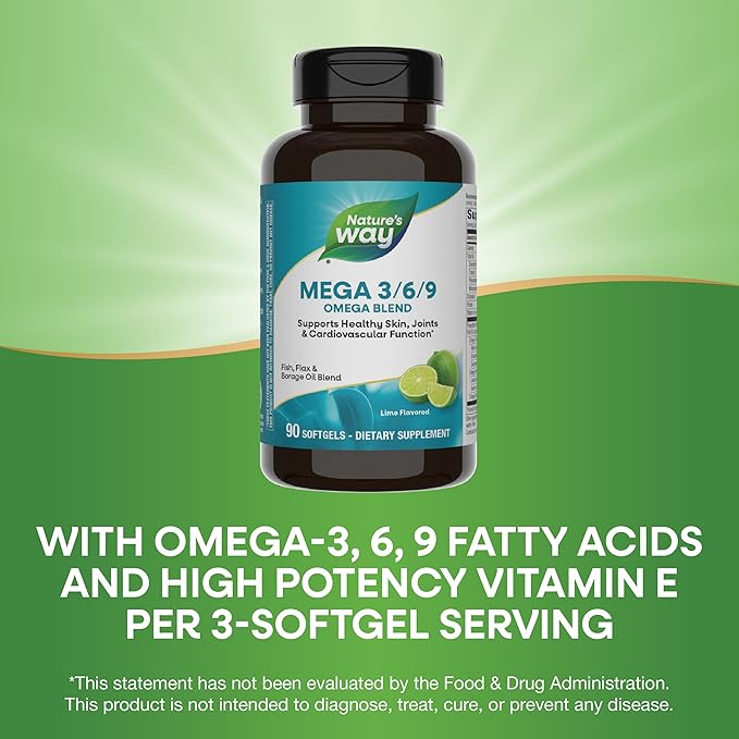 Nature's Way Mega 3/6/9 Omega Blend, Supports Healthy Skin, Joints, Cardiovascular Function*, Fish, Flax, Borage Oil, 90 Lime Flavored Softgels (Packaging May Vary)