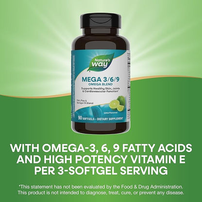 Nature's Way Mega 3/6/9 Omega Blend, Supports Healthy Skin, Joints, Cardiovascular Function*, Fish, Flax, Borage Oil, 90 Lime Flavored Softgels (Packaging May Vary)
