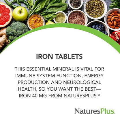NaturesPlus Iron - 40 mg, 90 Tablets - Vegetarian, Gluten Free - 45 Servings