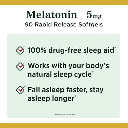 Nature's Bounty Melatonin, 100% Drug Free Sleep Aid, Dietary Supplement, Promotes Relaxation and Sleep Health, 5mg, 90 Softgels (Pack of 2)