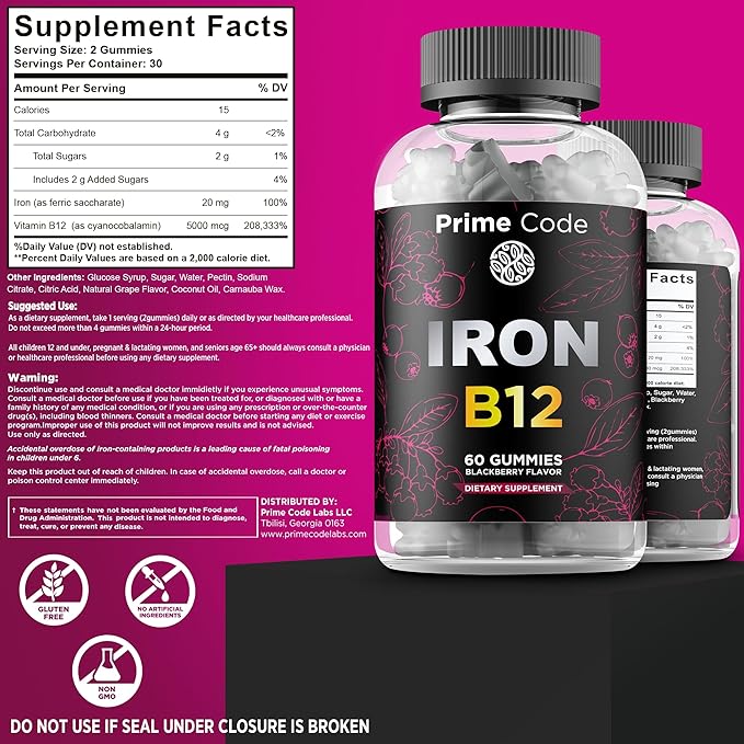 Iron Gummies for Women & Men with Vitamin B12, 20mg Iron Supplement for Adults, Free Blood Builder for Anemia, Vitamin B12 Gummies with Iron & Natural Blackberry Flavor, Vegan, Non-GMO, 30 Day Supply