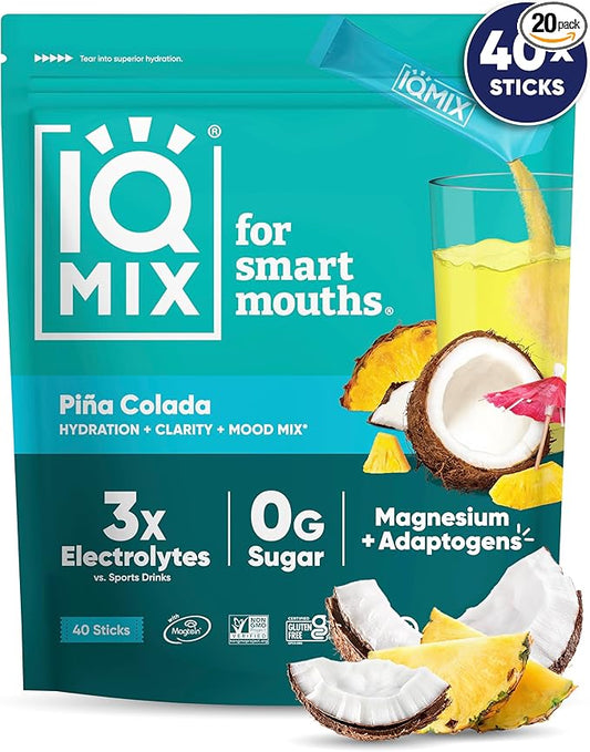 IQMIX Hydration Electrolyte Powder – 4-in-1 Formula for Hydration, Mental Clarity, Mood and Recovery – Sugar-Free Drink Mix, Keto, Magnesium L-Threonate, Lion’s Mane – 40 Count Piña Colada