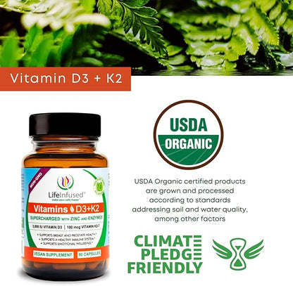 Life Infused Vitamin D3 + K2 Supercharged with Zinc and Enzymes, Help Maintain Healthy Immune System, Bone Health, Emotional Wellbeing, 90 Capsules.
