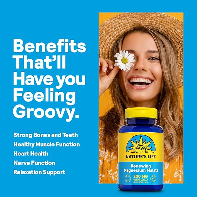 Nature's Life Renewing Magnesium Malate 200 mg - Once Daily Magnesium Supplement for Muscle and Nerve Function, Heart Health, Bone Support - Maximum Absorption, 60-Day Guarantee, 100 Serv, 100 Tablets