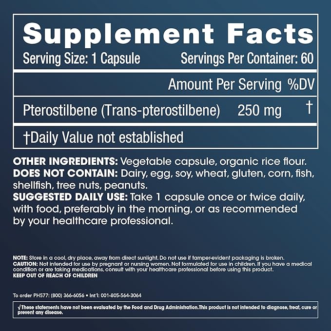 Pterostilbene Supplement (250mg, 60 Capsules) | Clinically Proven, Third-Party Tested Antioxidant for Heart & Brain Health | Activates Longevity Genes (3 Pack)