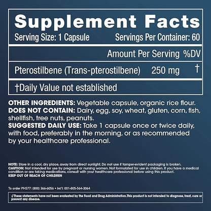 Pterostilbene Supplement (250mg, 60 Capsules) | Clinically Proven, Third-Party Tested Antioxidant for Heart & Brain Health | Activates Longevity Genes (3 Pack)