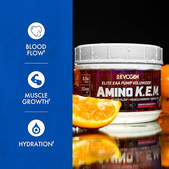 Evogen Amino KEM - Elite EAA Pump Volumizer | Supports Blood Flow, Muscle Growth, Hydration | Full Spectrum EAAs & BCAAs, S7 Nitric Oxide Blend | Smashin' Passion Orange | 30 Servings