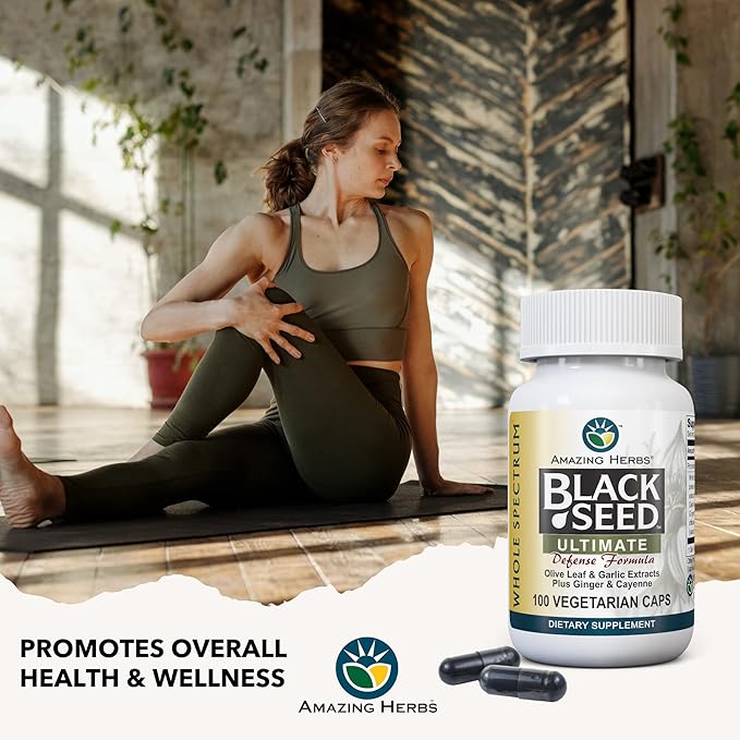 Amazing Herbs Whole Spectrum Black Seed Ultimate, Vegetarian Capsules - Olive Leaf & Garlic Extracts Plus Ginger & Cayenne, Gluten Free, Non GMO, Vegan - 100 Count