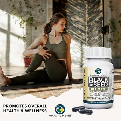 Amazing Herbs Whole Spectrum Black Seed Ultimate, Vegetarian Capsules - Olive Leaf & Garlic Extracts Plus Ginger & Cayenne, Gluten Free, Non GMO, Vegan - 100 Count