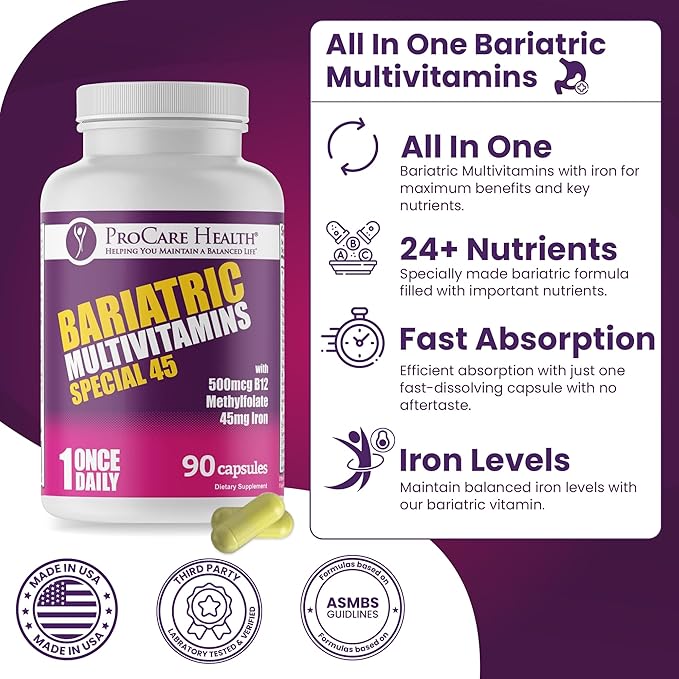 ProCare Health Bariatric Multivitamin with Iron (90 Capsule) - 45mg Iron with Reduced B12 - Post Op Bariatric Vitamins for Gastric Bypass Sleeve Patients, Sustains Recovery & Energy (03 Month Supply)
