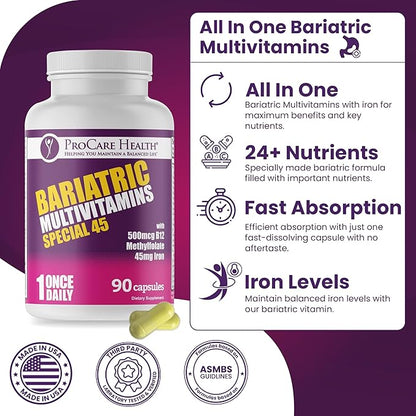 ProCare Health Bariatric Multivitamin with Iron (90 Capsule) - 45mg Iron with Reduced B12 - Post Op Bariatric Vitamins for Gastric Bypass Sleeve Patients, Sustains Recovery & Energy (03 Month Supply)