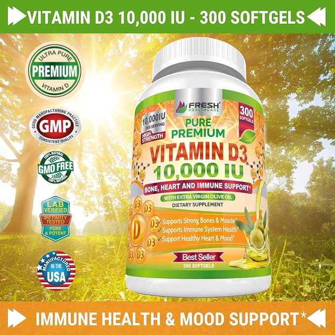 Fresh Healthcare Vitamin D3 10000 IU (250mcg) with Extra Virgin Olive Oil - Immune Support - 300 Softgels for Joints, Bone, Muscle & Mood Health - Non-GMO Vitamin D Supplement