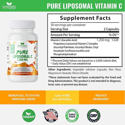 Pure Liposomal Vitamin C - 1200mg Immune System & Collagen Health Booster, Helps Anti Aging Skin Vitamins, Sodium Ascorbate, Sunflower Lecithin, Lypo Spheric - 60 Capsules